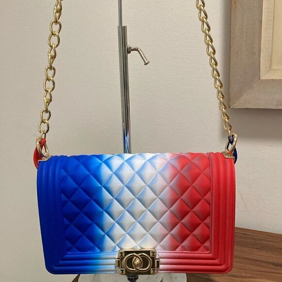 NWOT PVC Shoulder/Crossbody Handbag in Red/White/Blue with Gold-tone Hardware. - Picture 1 of 9